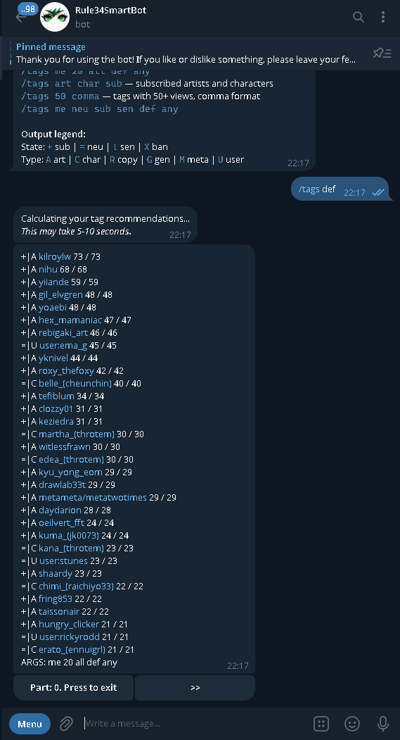 Output of the tags command, listing recommended tags with their subscription state and type.